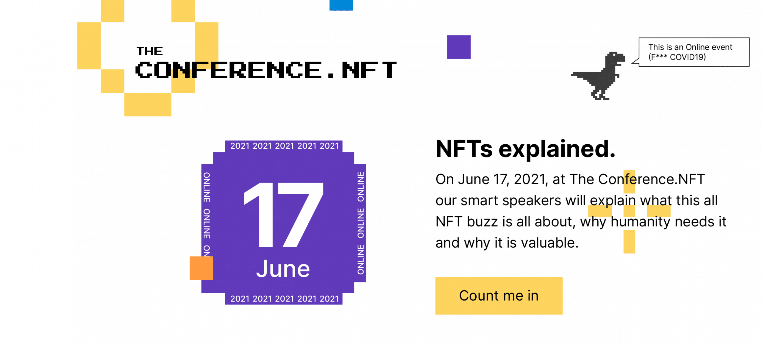 The Conference.NFT's website is simpler, but with dinosaurs