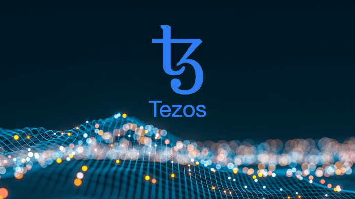 Tezos blockchain banner blue logo with text 