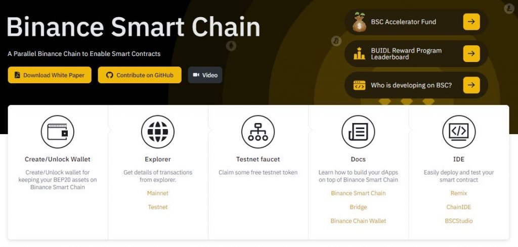 Binance Smart Chain's homepage