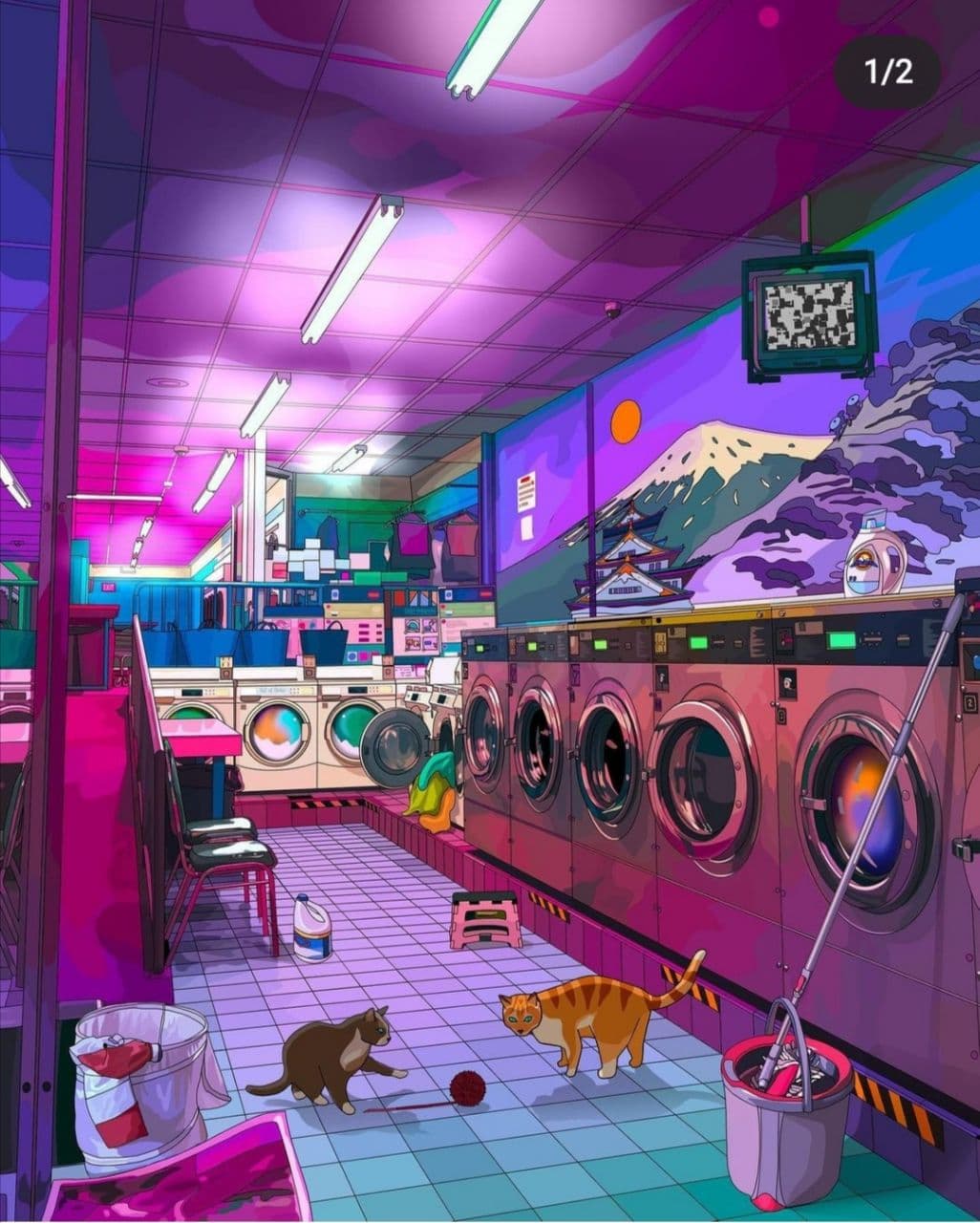 Mad Dog Jones NFT on Nifty Gateway laundromat laundry machines cats and mountains