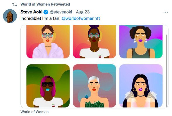 Steve Aoki tweets about the female NFT artist Collection
