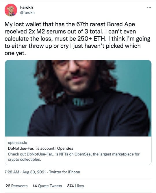 Farokh Samad tweets about losing wallet and rare BAYC nftS