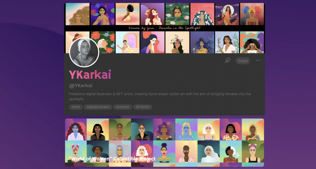Yam Karkai did the artwork for the World of Women NFT project. This is here homepage. 