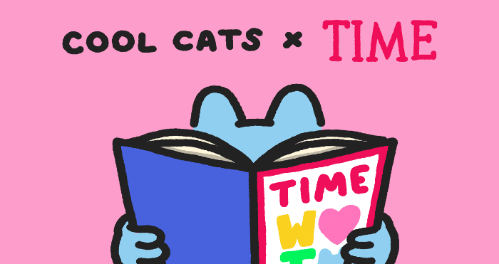 A Cool Cat holding TIME Magazine
