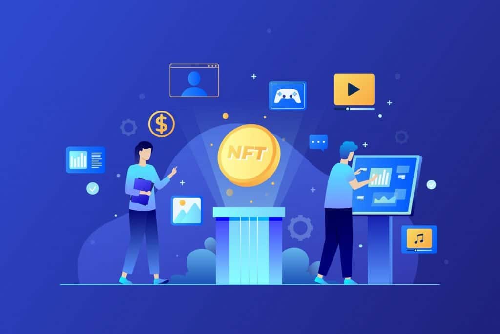 Image of two characters along with a golden NFT coin