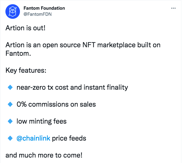Fantom Tweet about Artion NFT Marketplace