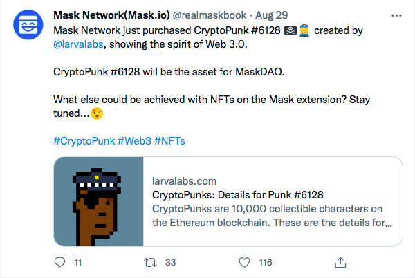 Mask Network's Tweet on Buying CryptoPunk