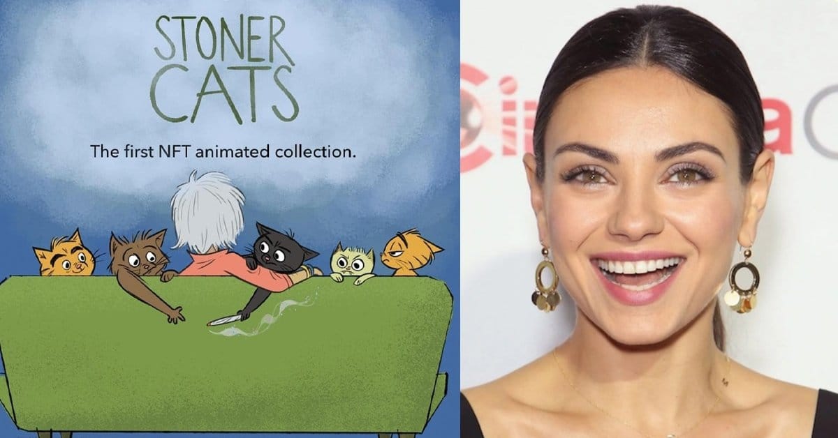 NFT collectible cartoon series Stoner Cats advert and Mila Kunis smiling laughing 