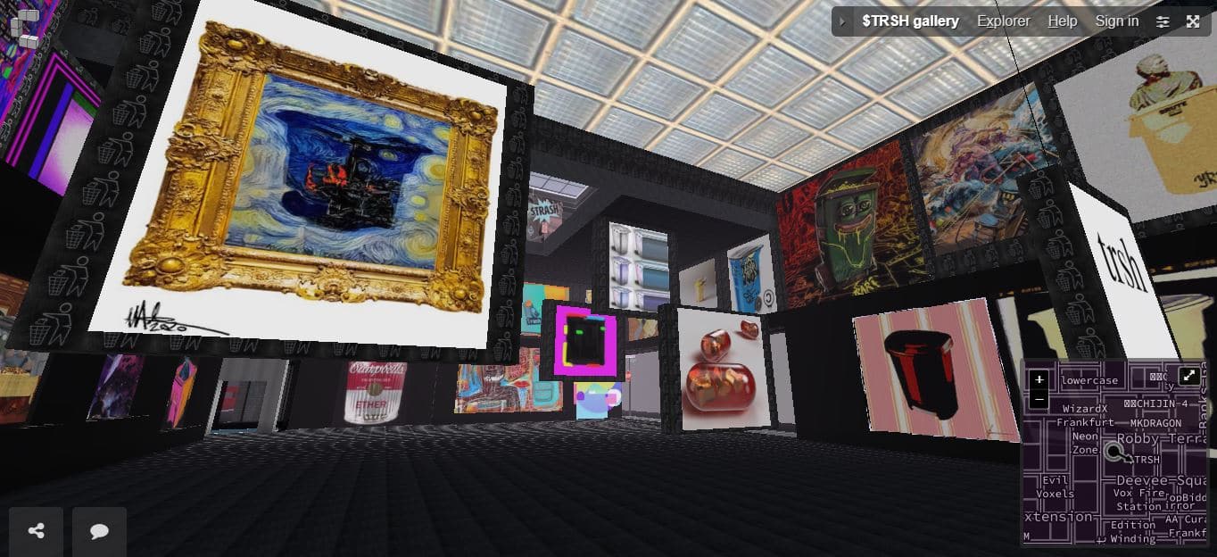 Trash art museum in cryptovoxels featuring trash art