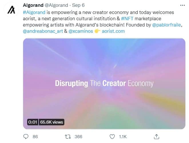 Screenshot of the Algorand blockchain announcing the launch of its new Aorist NFT platform