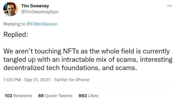 Twitter screenshot of Epic CEO Tim Sweeney denying Fortnite NFT collection rumors