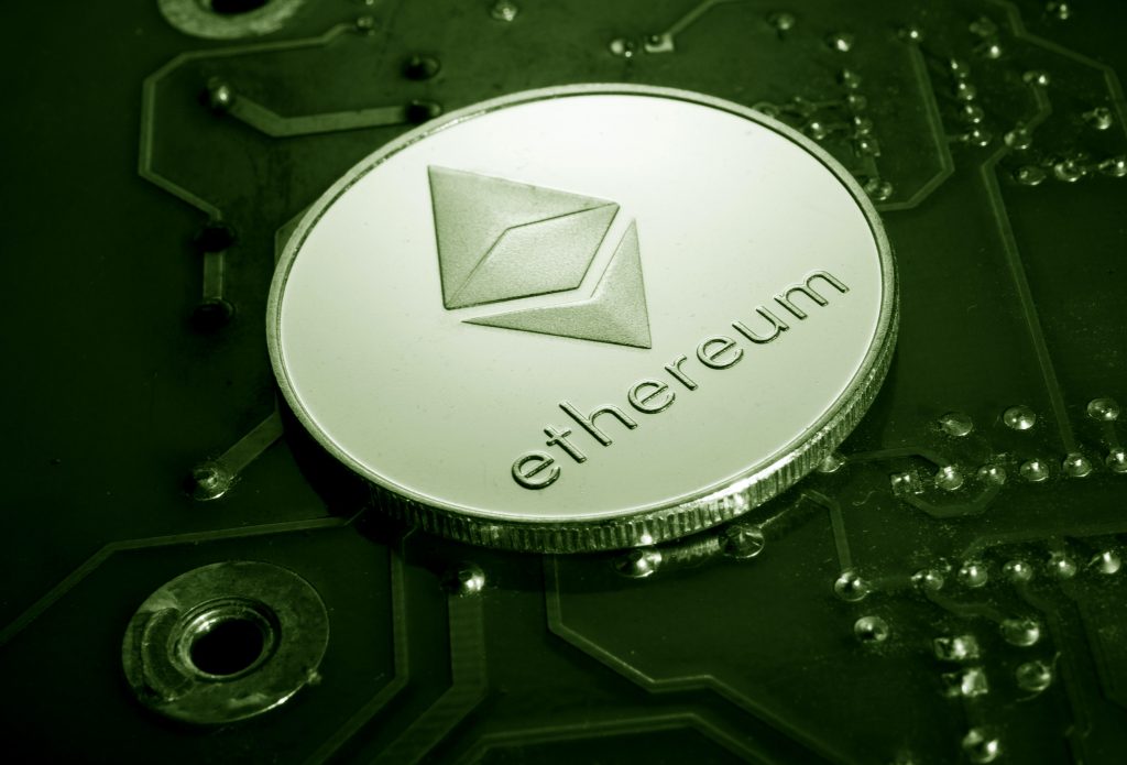 Picture of a digital Ethereum coin with the Ethereum logo