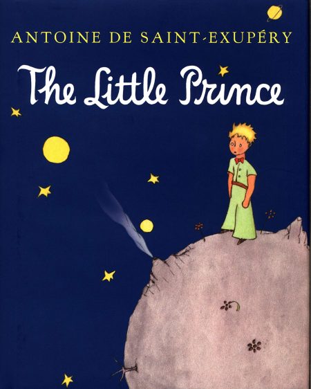 A cover of the little prince that shows a boy on a foreign planet looking into space
