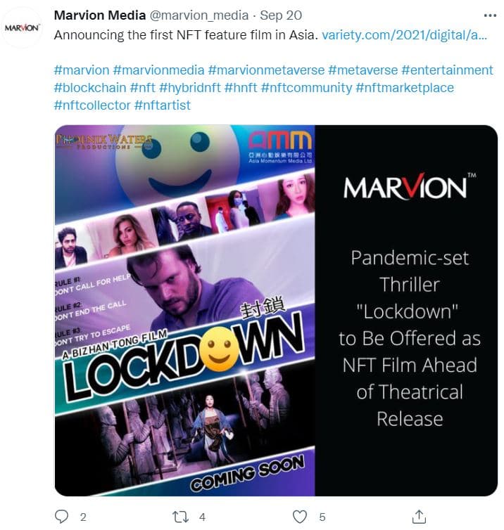 screenshot of the official movie poster for 'Lockdown' NFT film via Marvion Media on Twitter