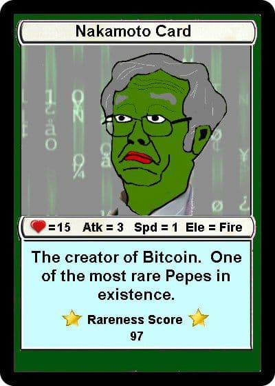 Rarepepe NFT Trading card depicting Bitcoin founder, Satoshi Nakamoto rare pepe 
