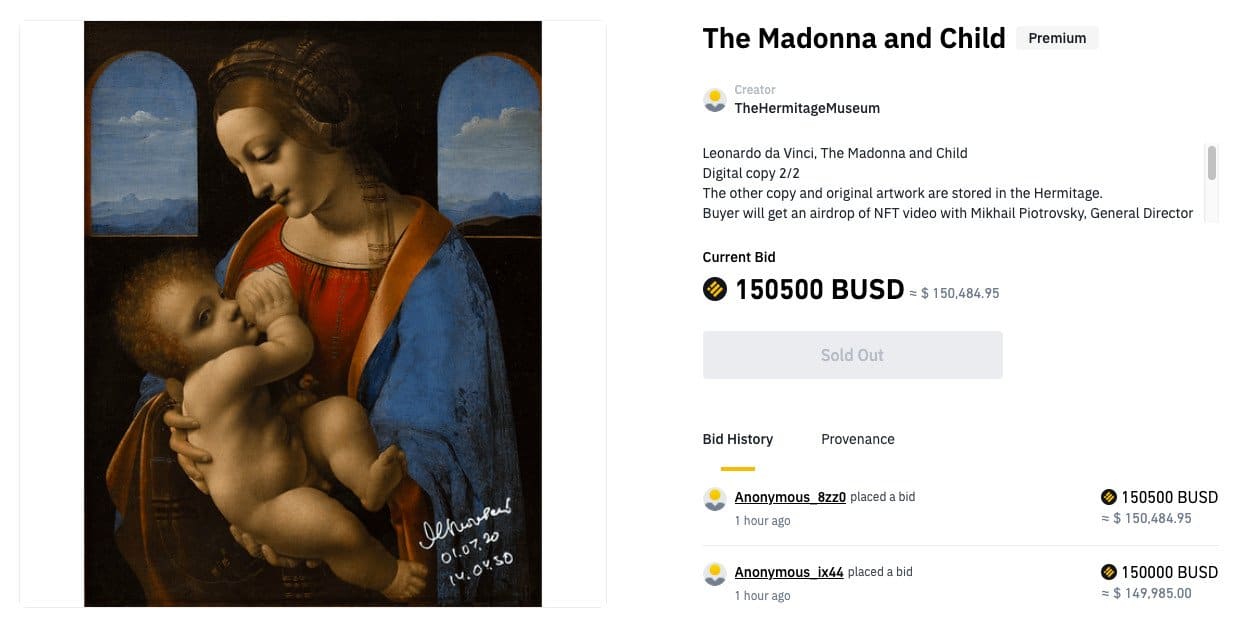 Screenshot of Da Vinci's 'The Madonna and Child' auction held on Binance NFT by the state hermitage museum