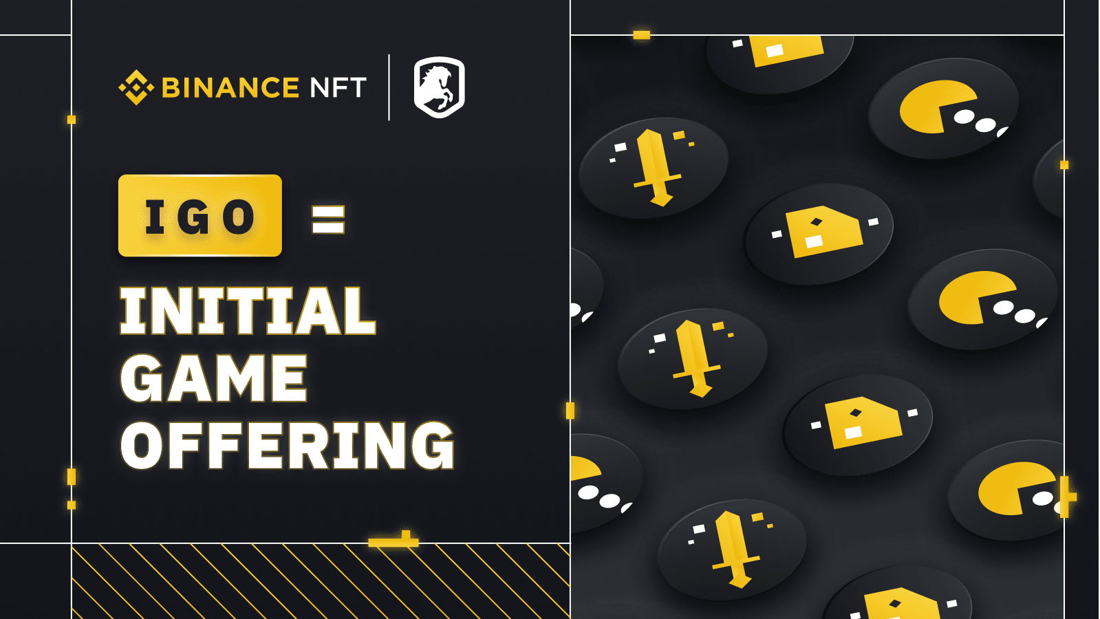 Binance NFT is written across the top with the words INITIAL GAME OFFERING BELOW. The background is black and features yellow Pacman like animations.