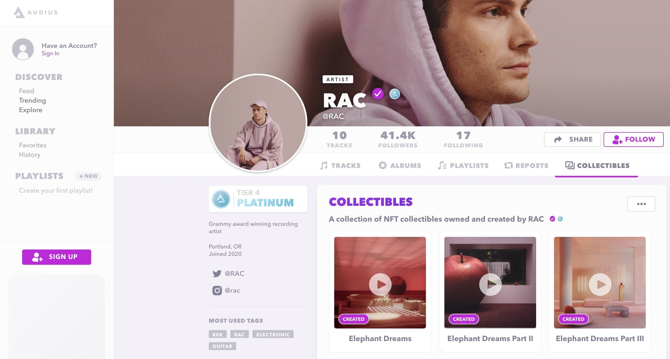 Audius profile of artist RAC featuring NFTs