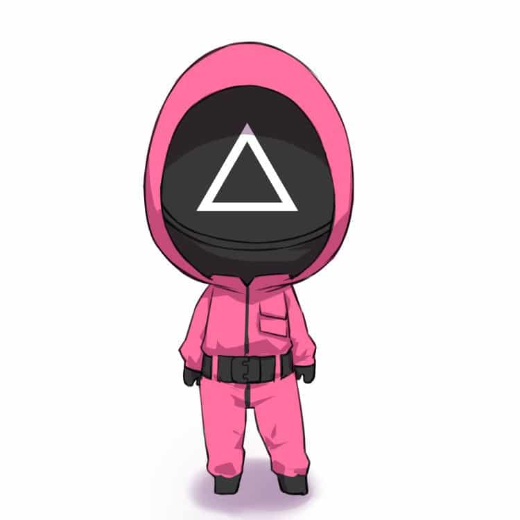image of a person in a purple costume with a triangle for a face, that is part of the squid game NFT