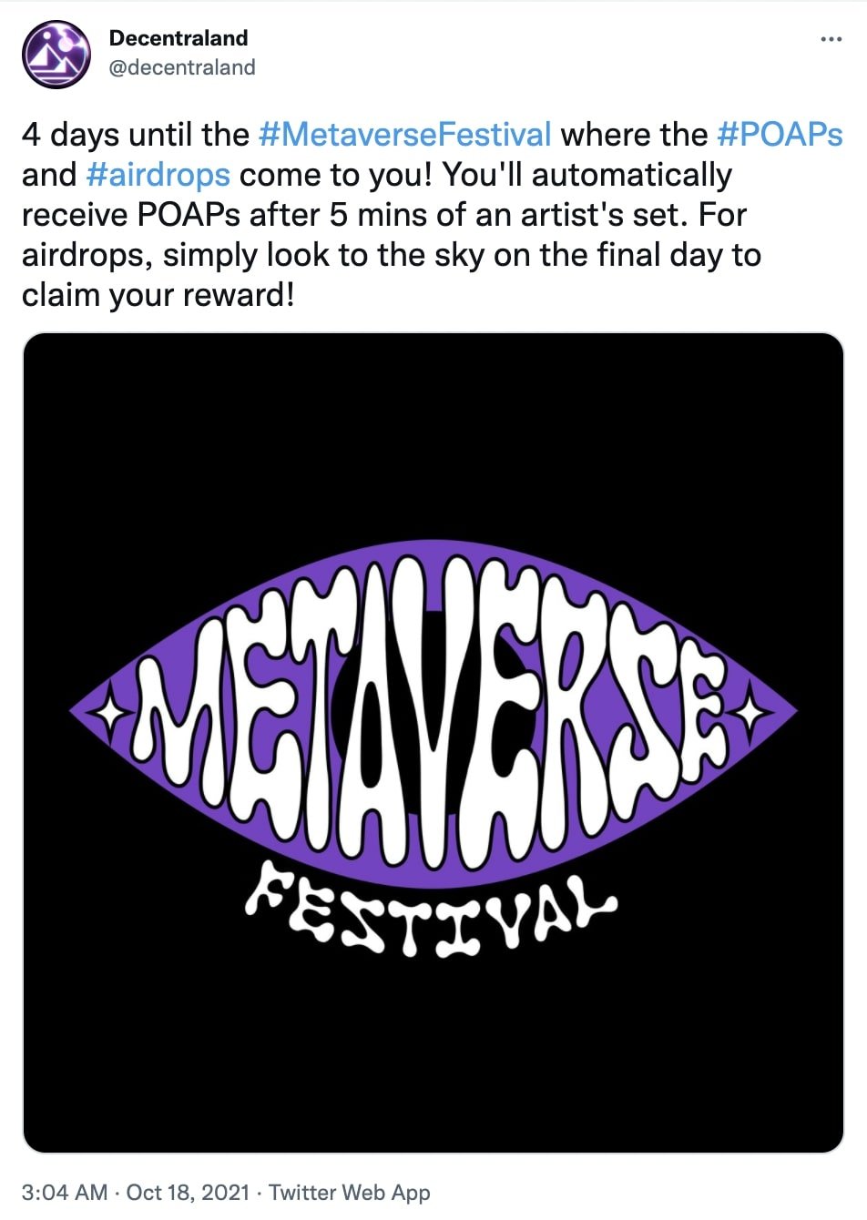 Decentraland tweet on metaverse festival