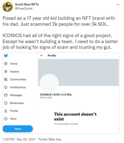 Tweet on iconics NFT project rugpull