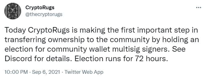 Screenshot from a CryptoRugs NFT election announcement via Twitter