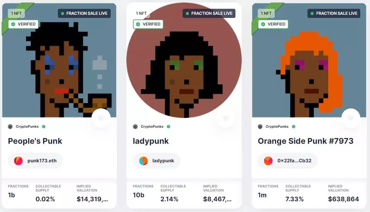 Screenshot featuring three CryptoPunks fractionalized NFTs from the Fractional.Art platform