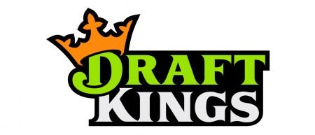 The words DRAFT KINGS written in a green, black and white font with a gold crown on top. The background is white.