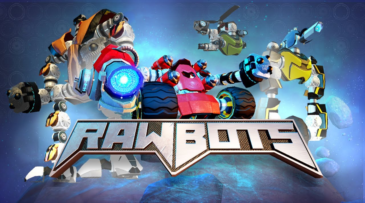 Image displaying Rawbots characters from the game. There is a logo across the screen in bold robotic font.