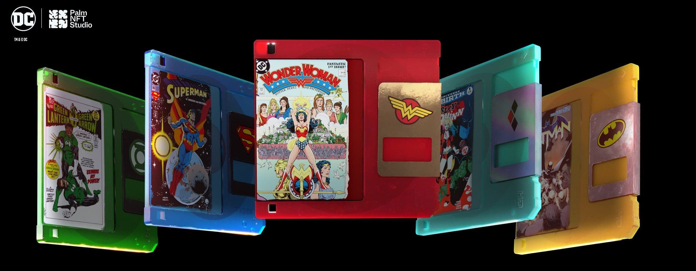 Image featuring five DC Comics NFTs from its debut collection