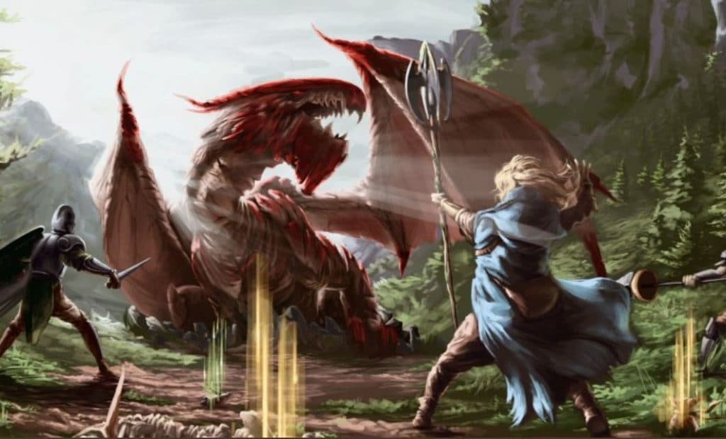 Image from The Six Dragons NFT game featuring two warriors and a dragon
