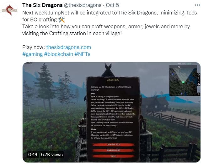 Screenshot from the Six Dragons JumpNet integration announcement via Twitter