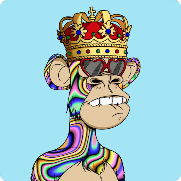 Image of Bored Ape Yacht Club NFT #8585. image shows an ape with trippy fur, a crown and sunglasses.