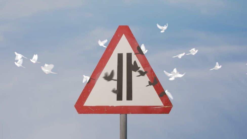 image of banksy nft warning sing. image shows a traffic sign with doves flying around