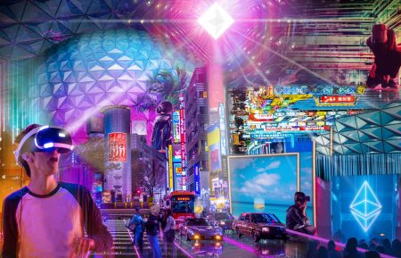 image showing a futuristic impression of the Metaverse. There are bright lights, VR and ads.