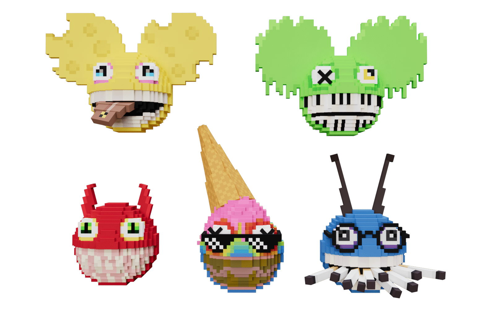 five of the pixelated deadmau5 heads that will feature in head5