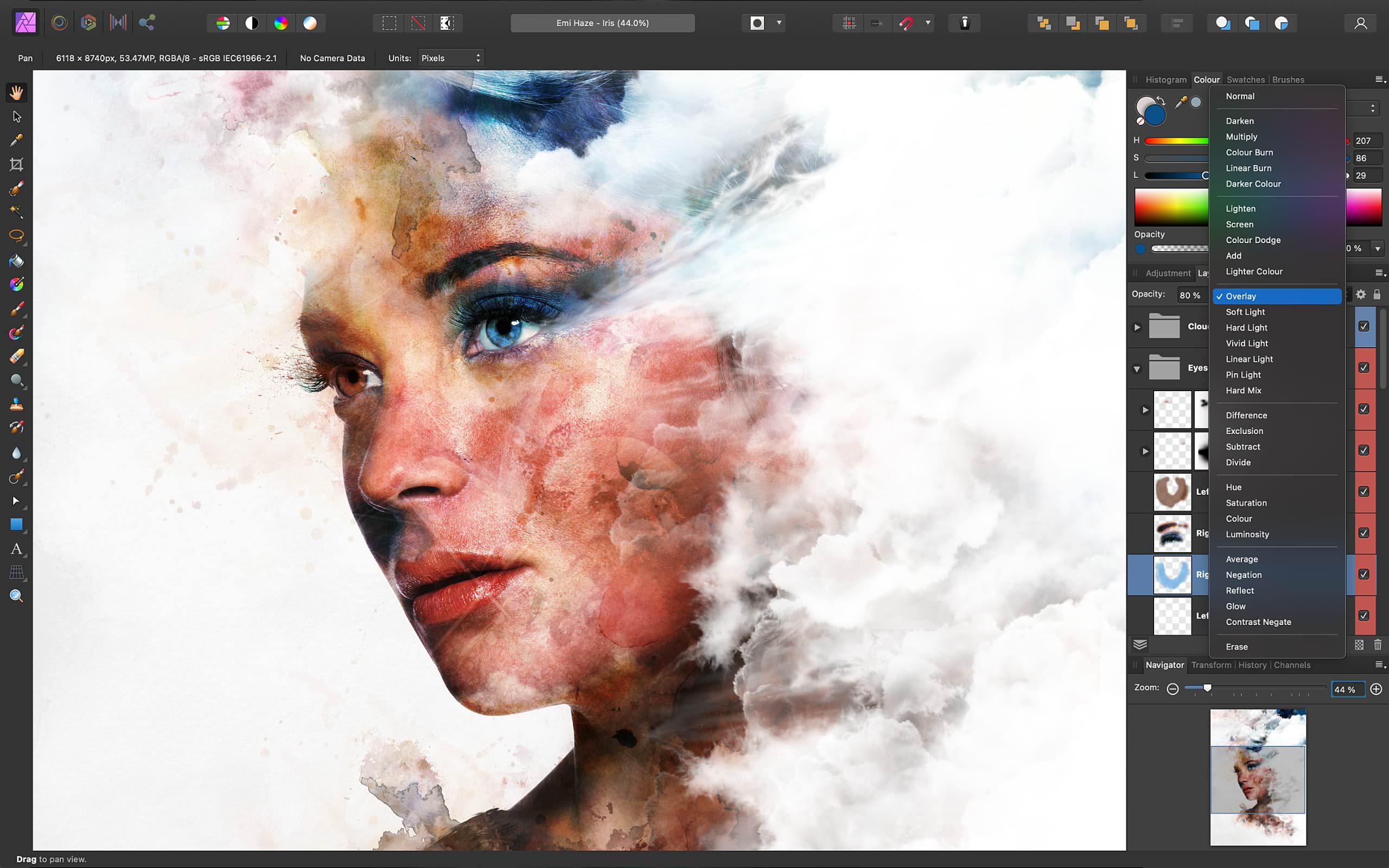 A painting of a woman in Affinity photo software