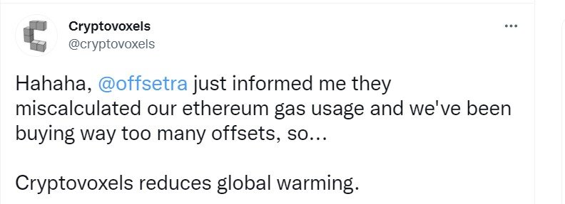CryptoVoxels jokes about its carbon offsets on Twitter