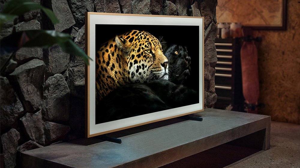 Samsung's The Frame TV displaying a leopard