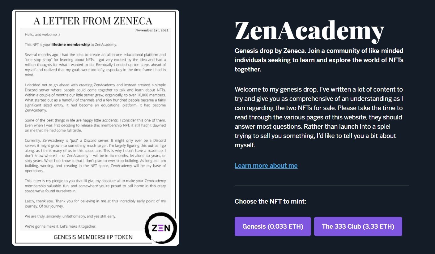 Screengrab of Homepage for Zeneca NFT "ZenAcademy"