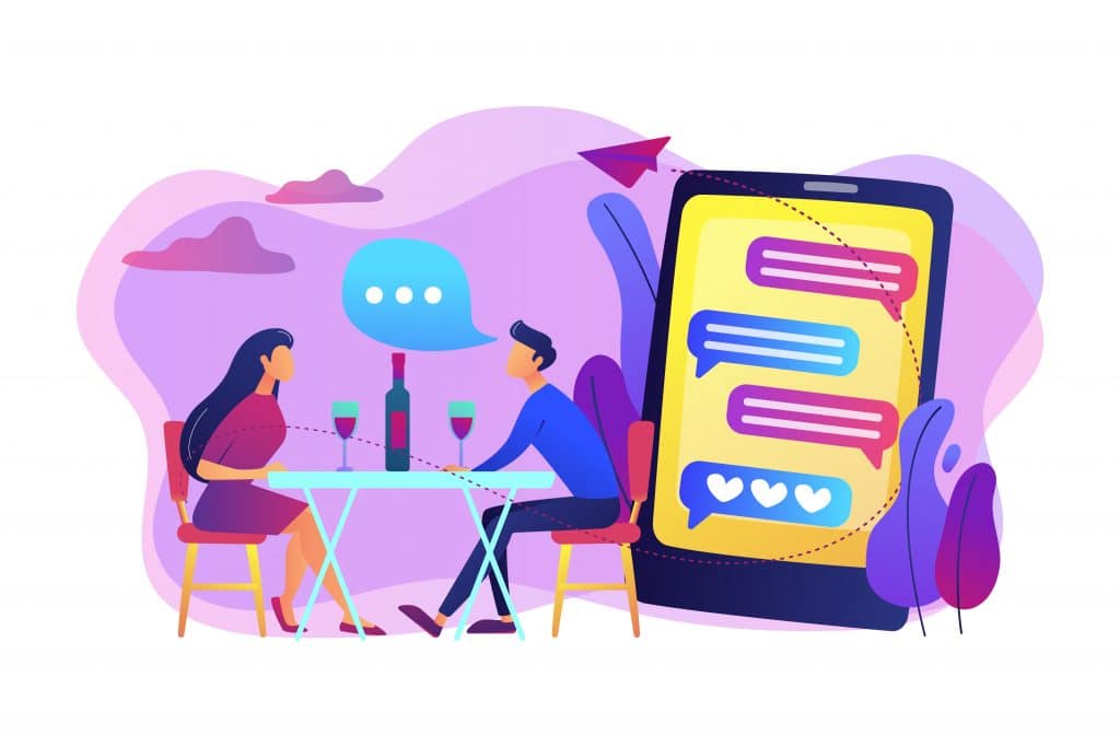 Abstract illustration of two characters communicating through a dating app