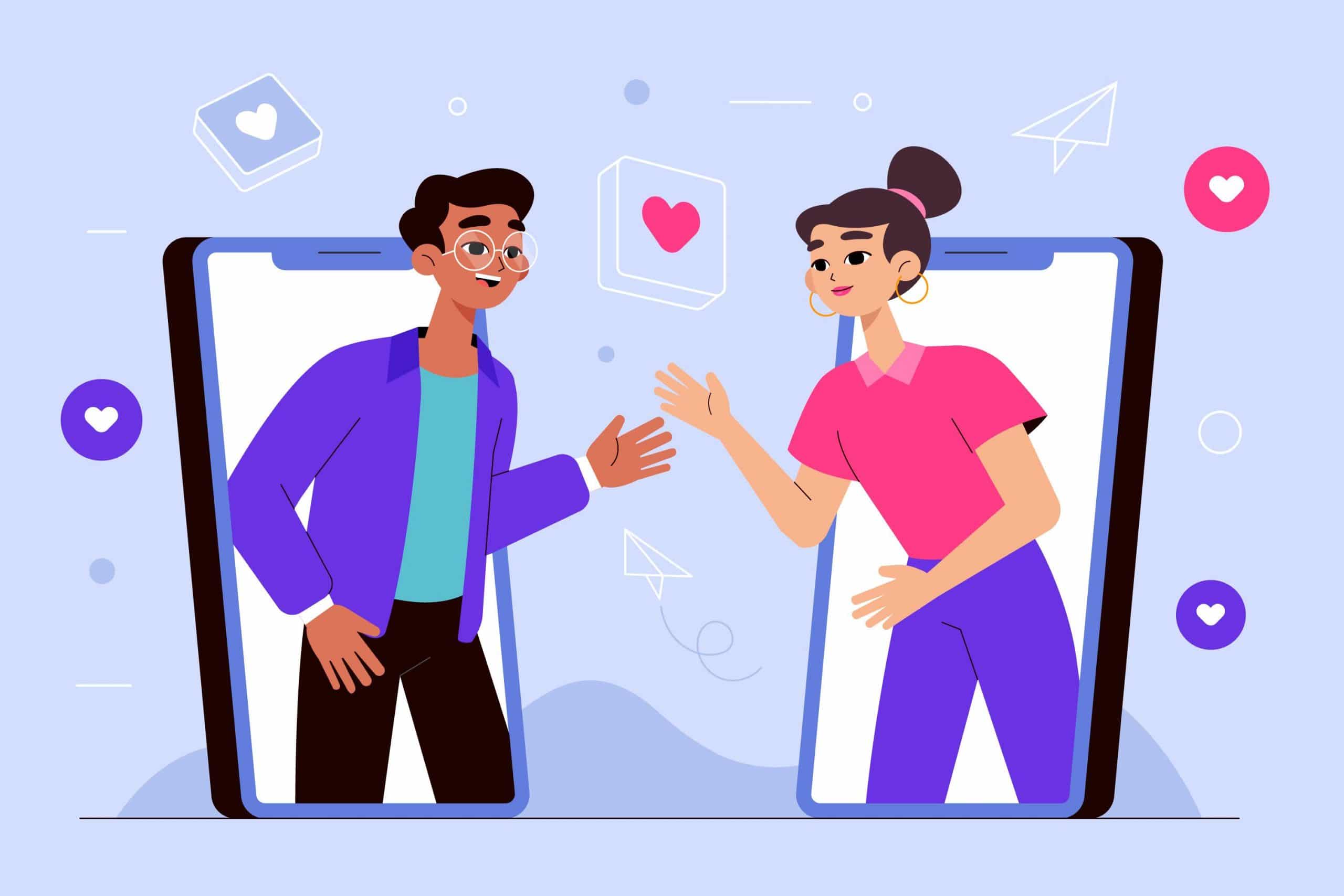 Abstract image showing two characters meeting through virtual dating app