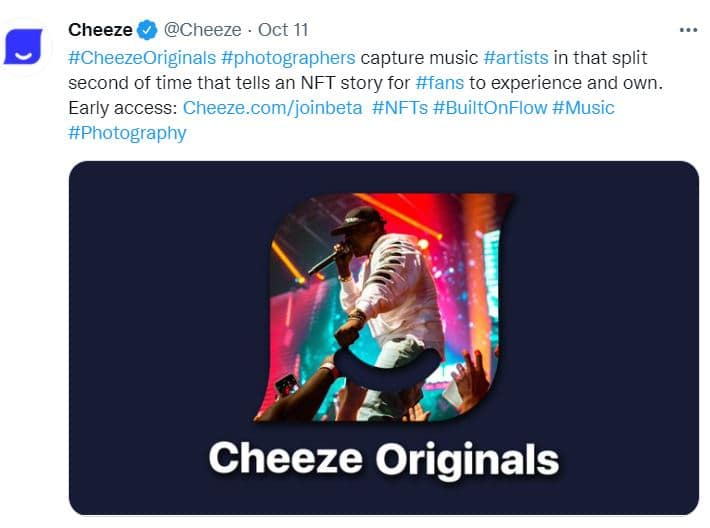 Screenshot of a Cheeze NFT photography announcement via Twitter