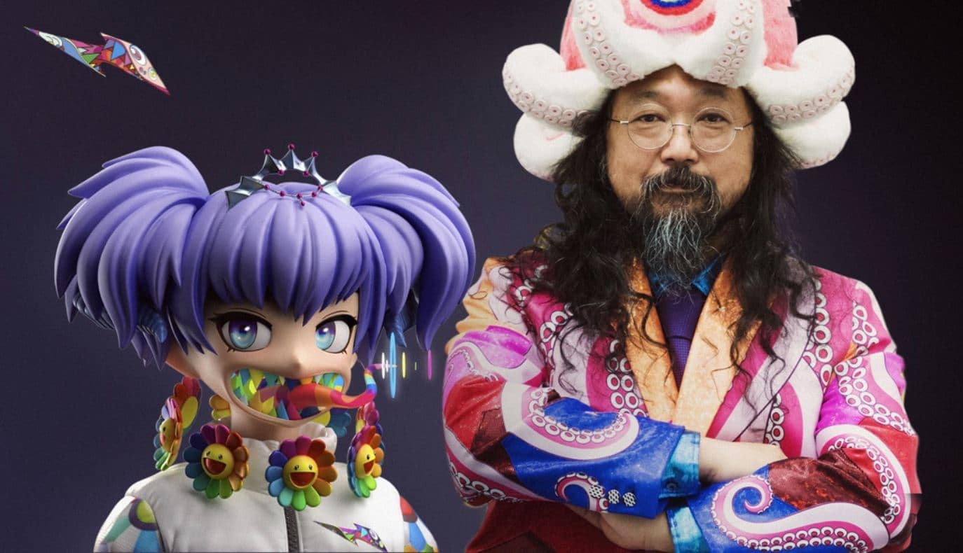 Image featuring Japanese artist Takashi Murakami alongside a CloneX NFT Avatar
