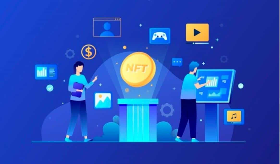 Graphic representation of two people and an NFT coin