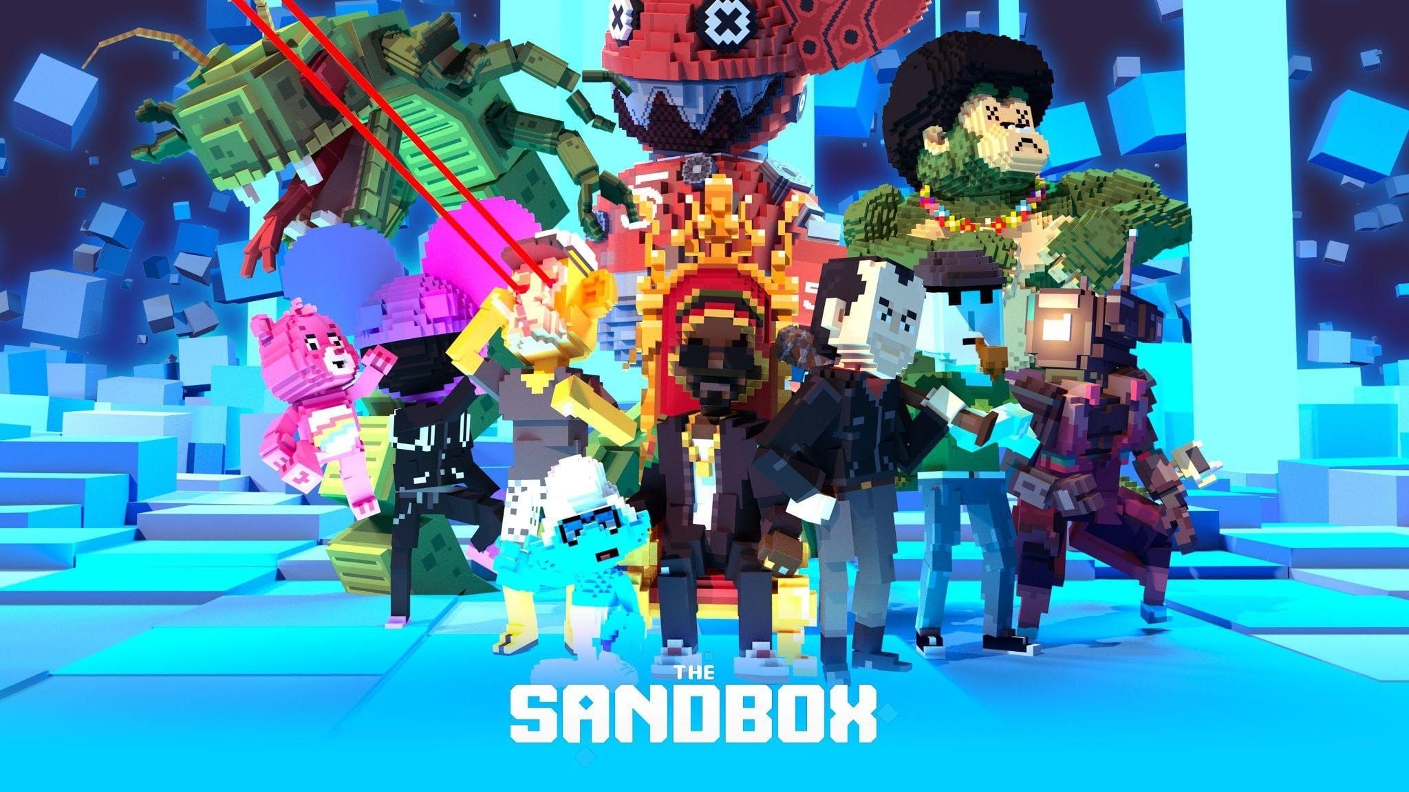 Image displaying the sandbox logo and many different characters from within it. tax metaverse
