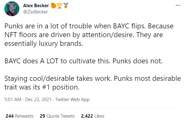 Tweet by Alex Becker indicating CryptoPunks should worry if BAYC flips them. 