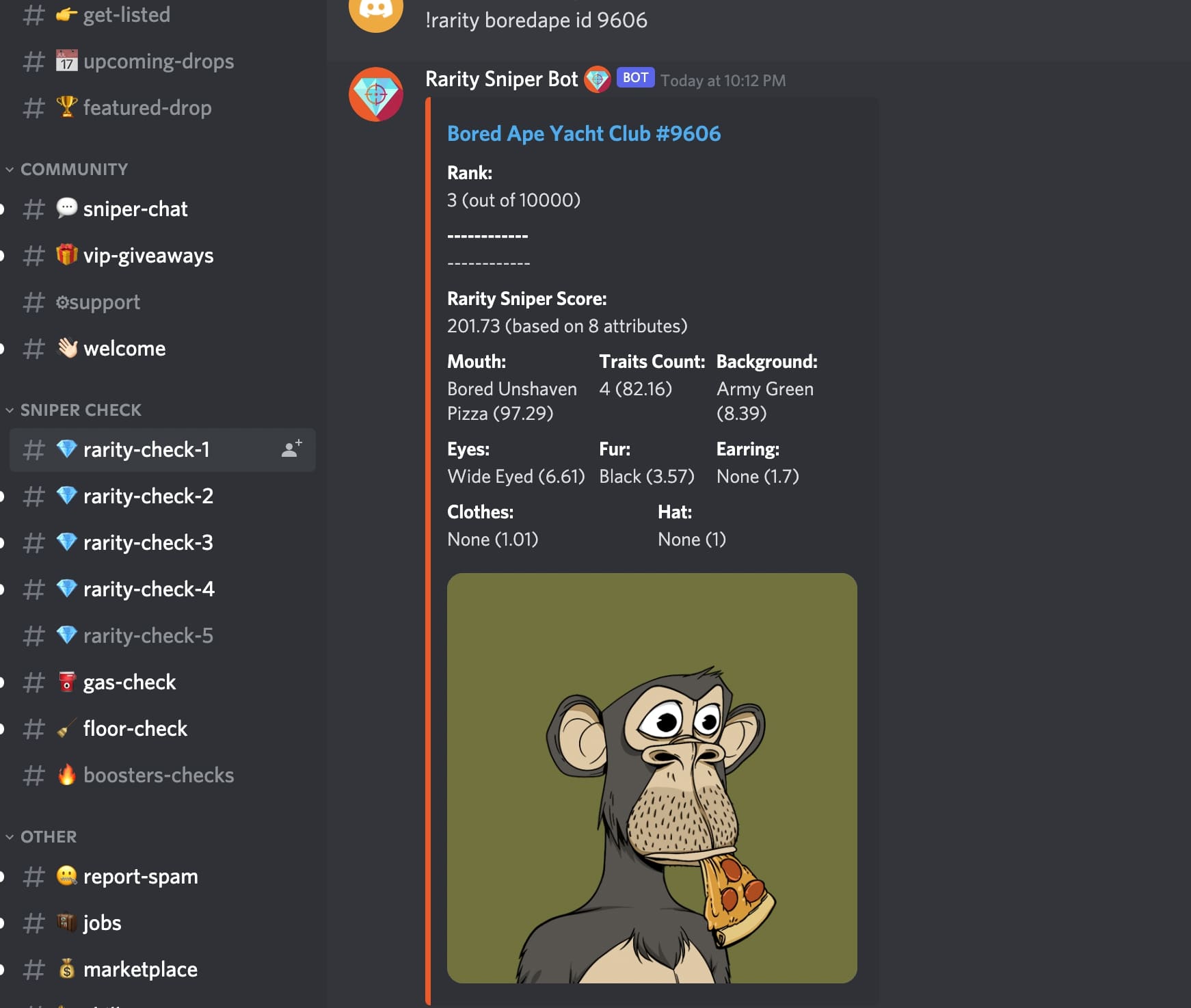 Rarity Sniper Discord bot tool showing rarity score of bored ape