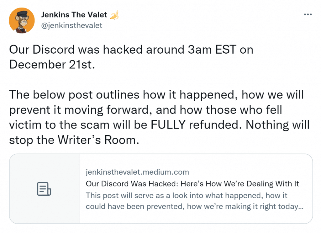 Jenkins the Valet's tweet about the hack