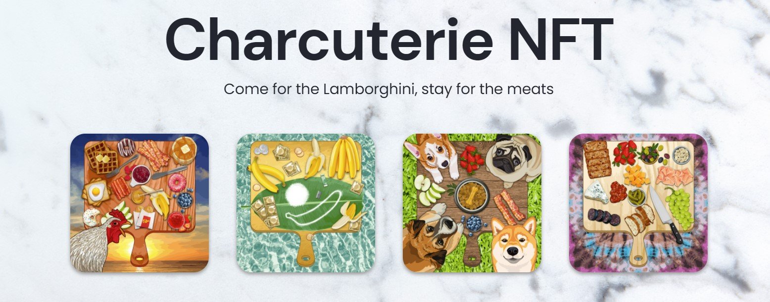 Screenshot of Charcuterie NFT website featuring elaborate and unusual Charcuterie boards